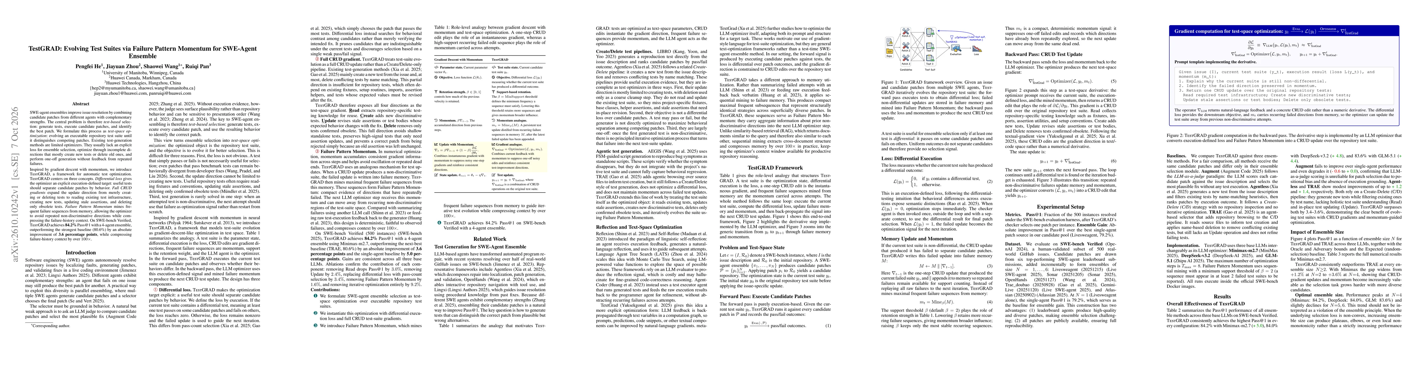 Thumbnail for TestGRAD: Evolving Test Suites via Failure Pattern Momentum for SWE-Agent Ensemble