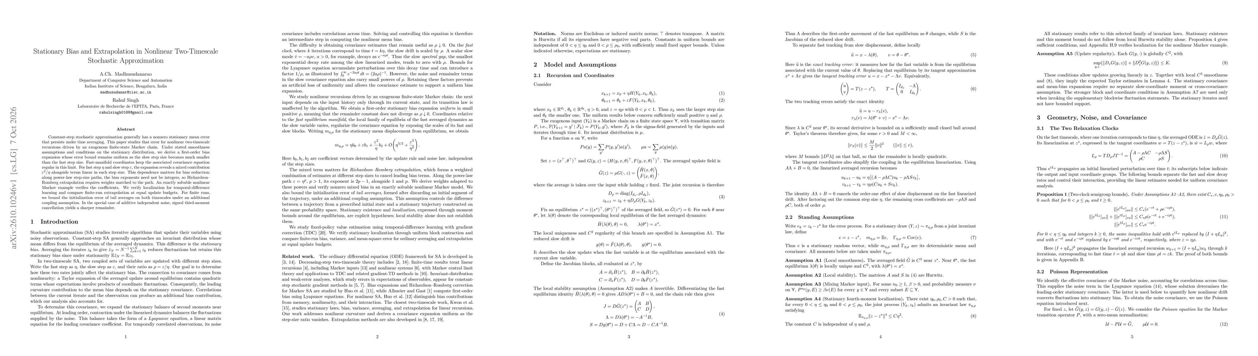 Thumbnail for Stationary Bias and Extrapolation in Nonlinear Two-Timescale Stochastic Approximation