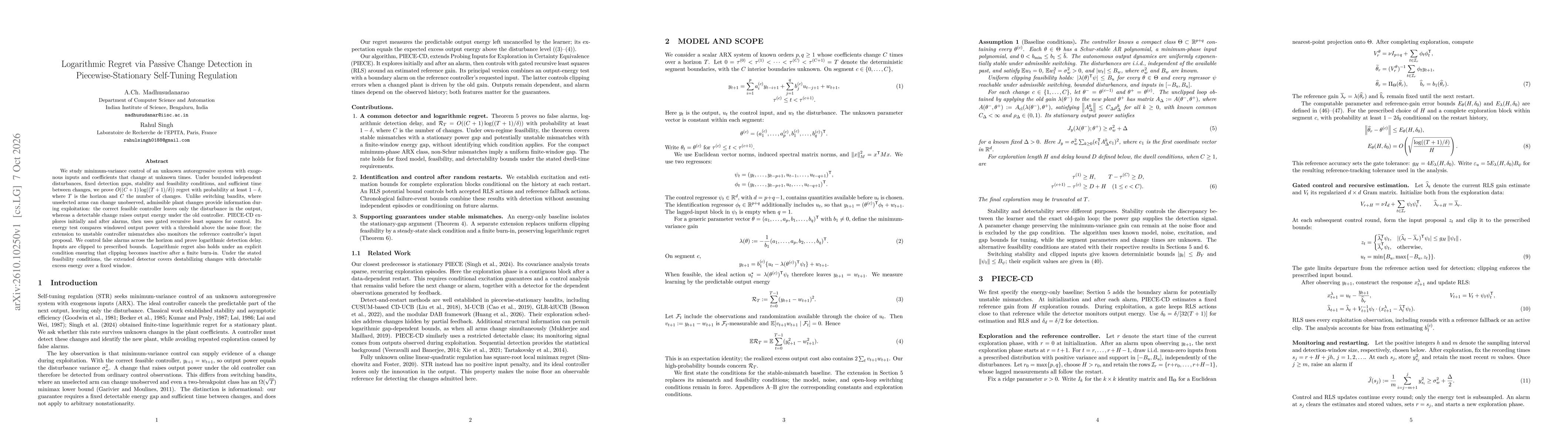Thumbnail for Logarithmic Regret via Passive Change Detection in Piecewise-Stationary Self-Tuning Regulation
