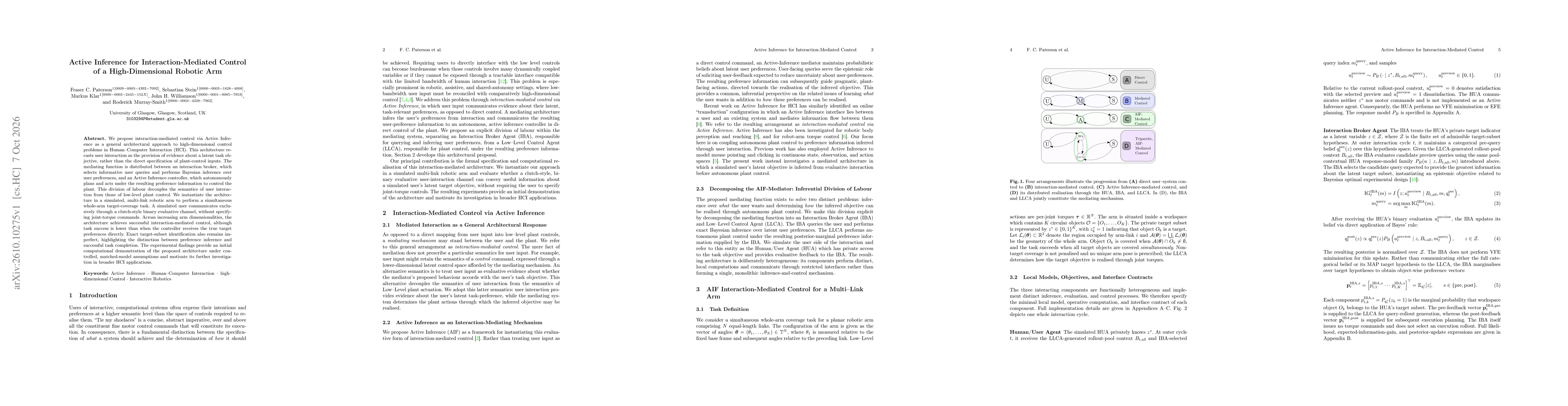 Thumbnail for Active Inference for Interaction-Mediated Control of a High-Dimensional Robotic Arm