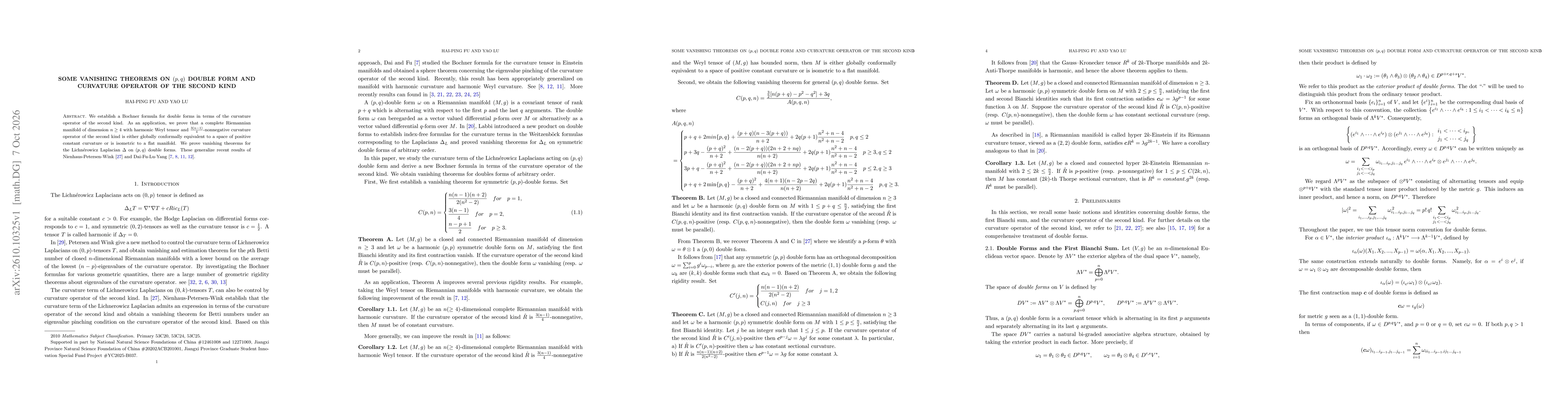 Thumbnail for Some vanishing theorems on $(p,q)$ double form and curvature operator of the second kind