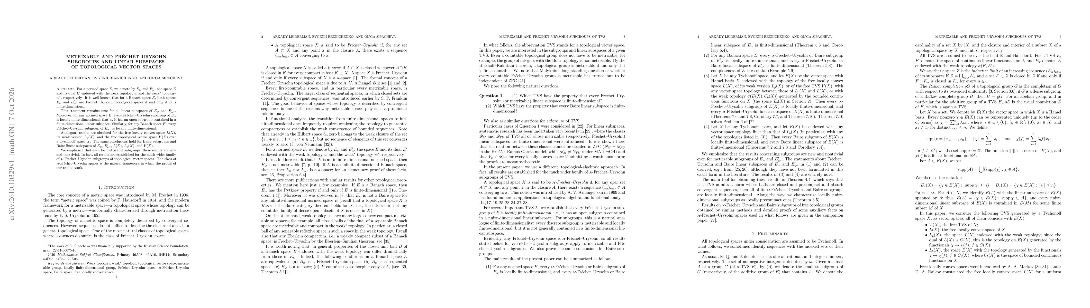 Thumbnail for Metrizable and Fréchet--Urysohn subgroups and linear subspaces of topological vector spaces