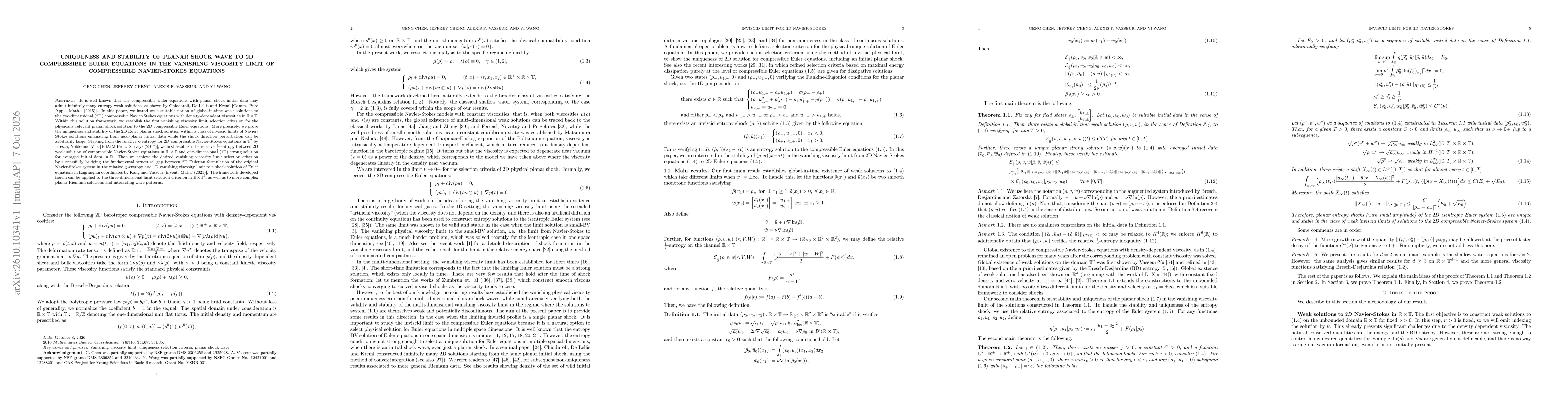 Thumbnail for Uniqueness and stability of planar shock wave to 2D compressible Euler equations in the vanishing viscosity limit of compressible Navier-Stokes equations
