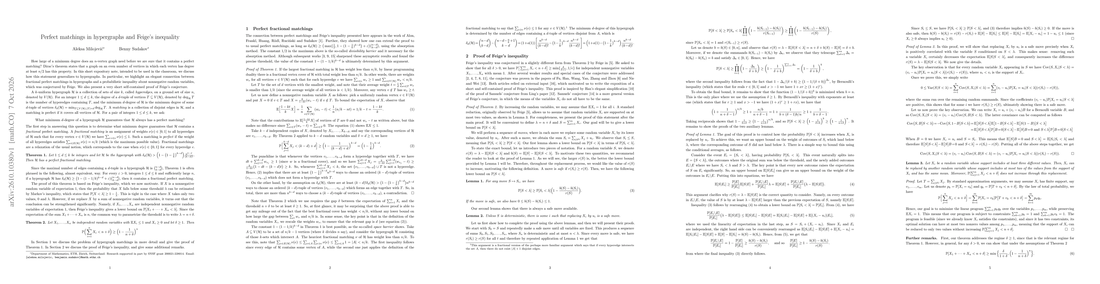 Thumbnail for Perfect matchings in hypergraphs and Feige's inequality