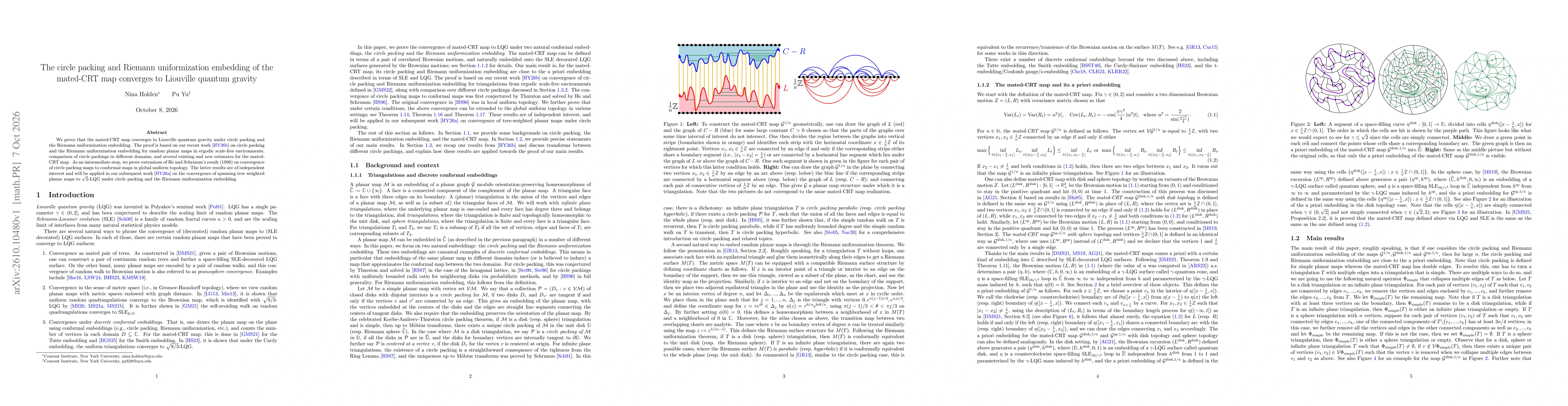 Thumbnail for The circle packing and Riemann uniformization embedding of the mated-CRT map converges to Liouville quantum gravity