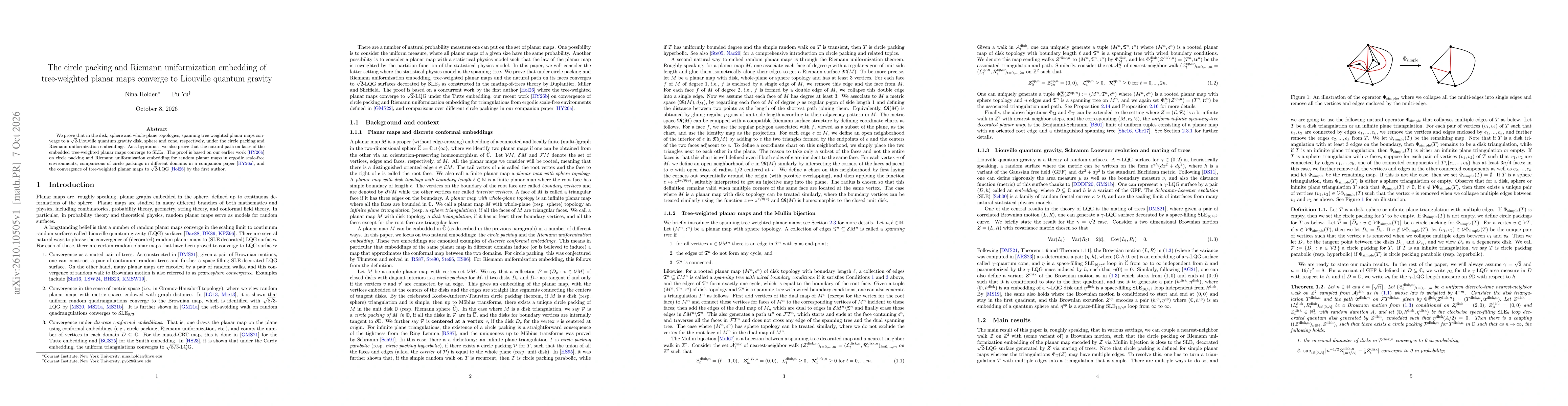 Thumbnail for The circle packing and Riemann uniformization embedding of the tree-weighted planar maps converges to Liouville quantum gravity