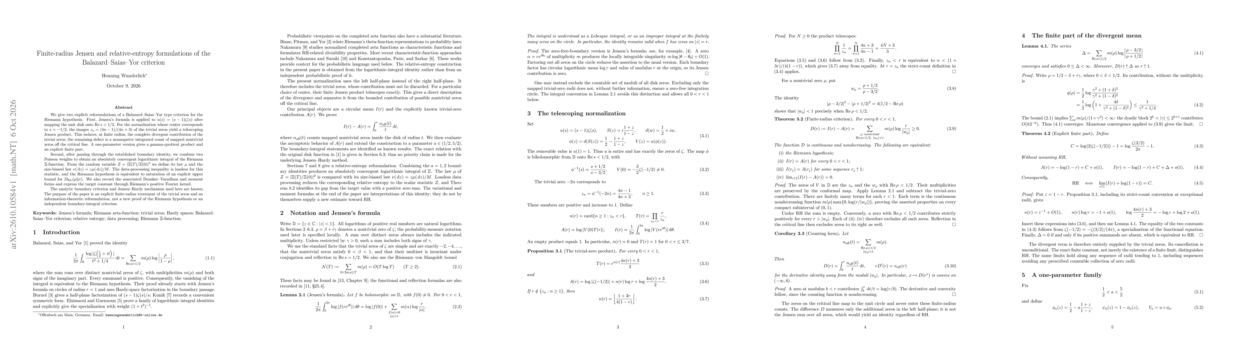Thumbnail for Finite-radius Jensen and relative-entropy formulations of the Balazard--Saias--Yor criterion