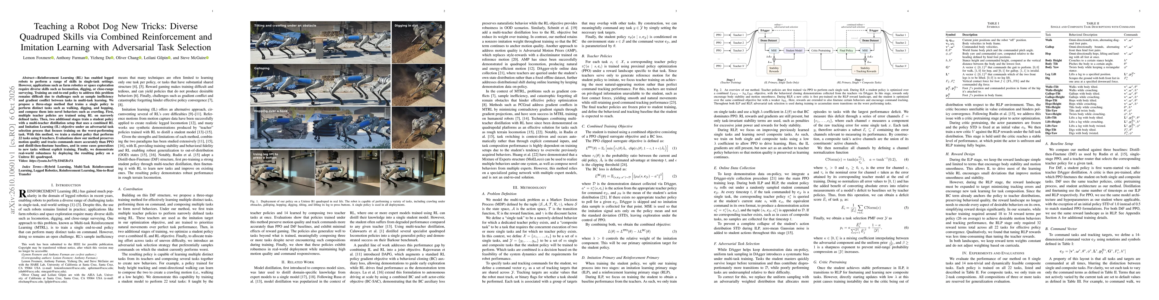 Thumbnail for Teaching a Robot Dog New Tricks: Diverse Quadruped Skills via Combined Reinforcement and Imitation Learning with Adversarial Task Selection