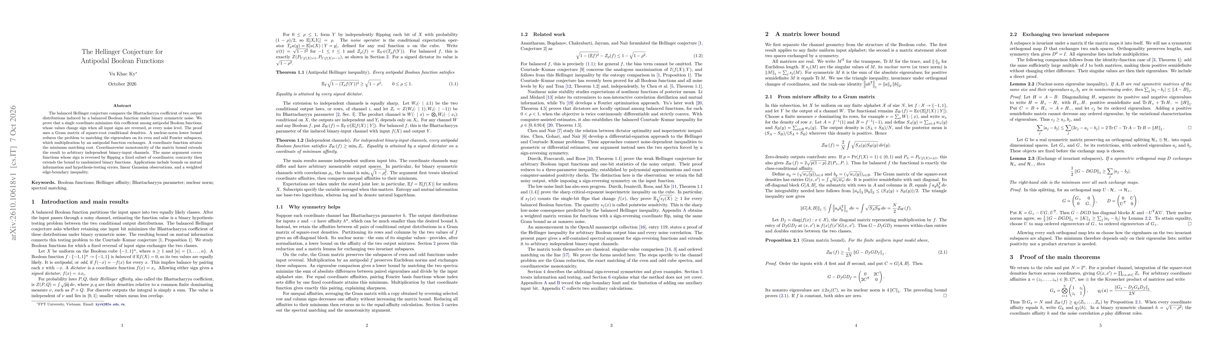 Thumbnail for The Hellinger Conjecture for Antipodal Boolean Functions