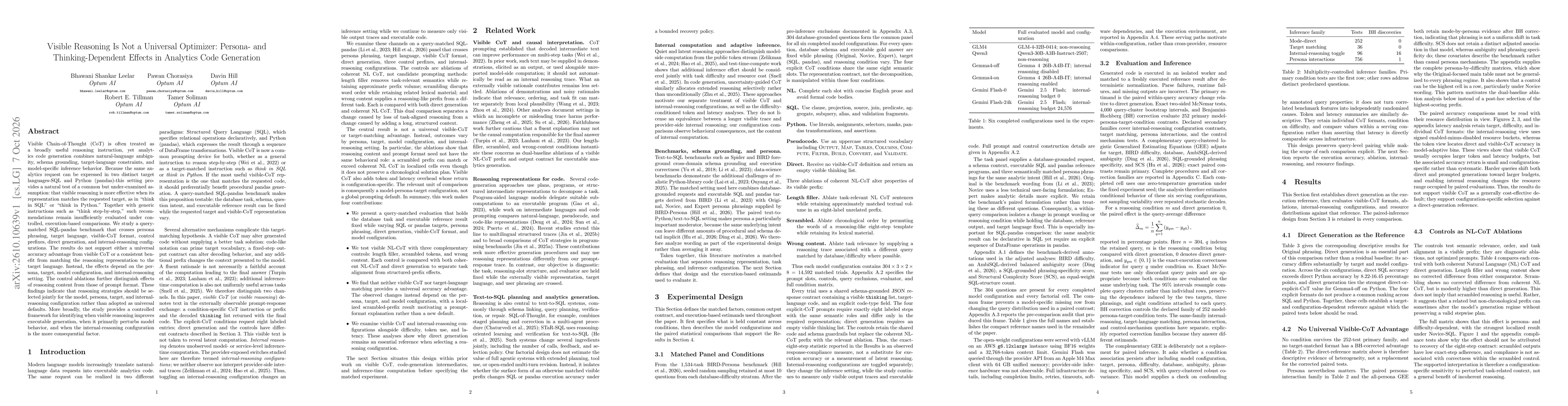 Thumbnail for Visible Reasoning Is Not a Universal Optimizer: Persona- and Thinking-Dependent Effects in Analytics Code Generation