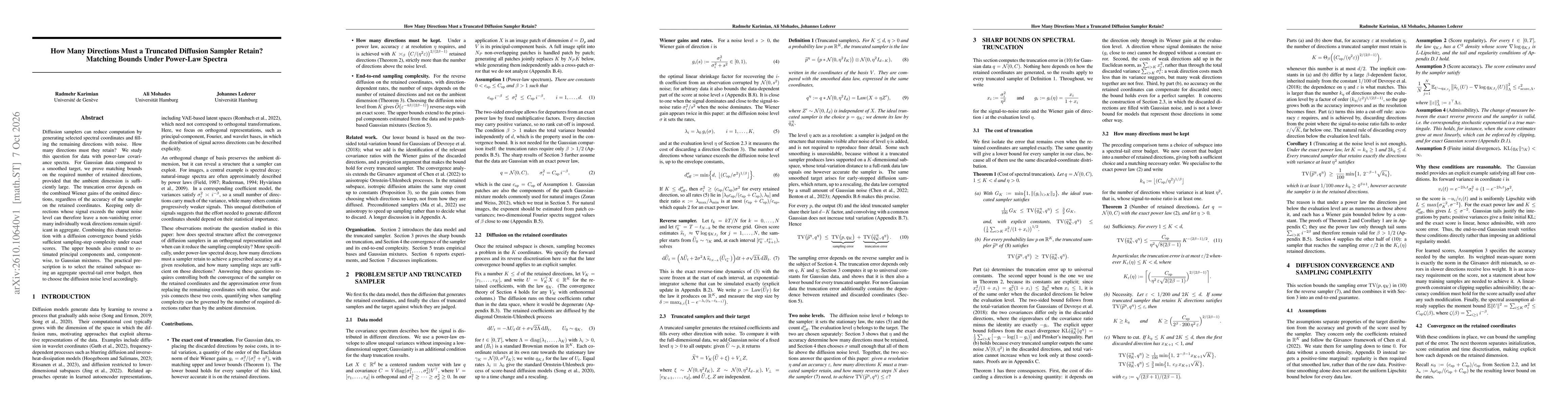 Thumbnail for How Many Directions Must a Truncated Diffusion Sampler Retain? Matching Bounds Under Power-Law Spectra