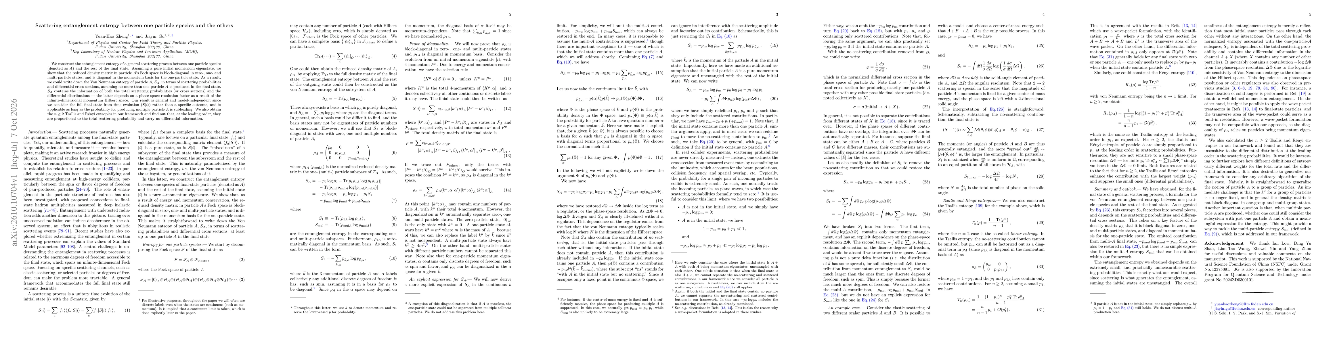 Thumbnail for Scattering entanglement entropy between one particle species and the others