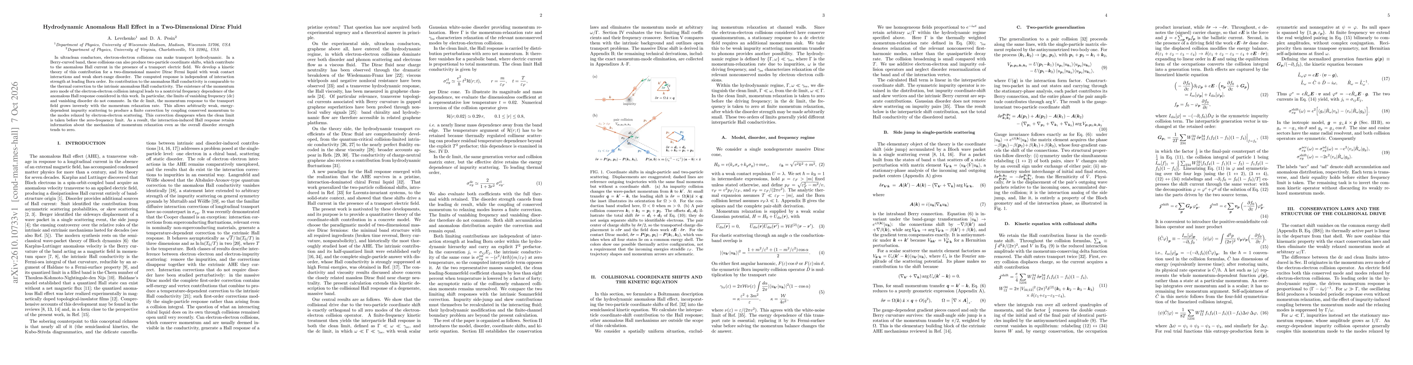 Thumbnail for Hydrodynamic Anomalous Hall Effect in a Two-Dimensional Dirac Fluid