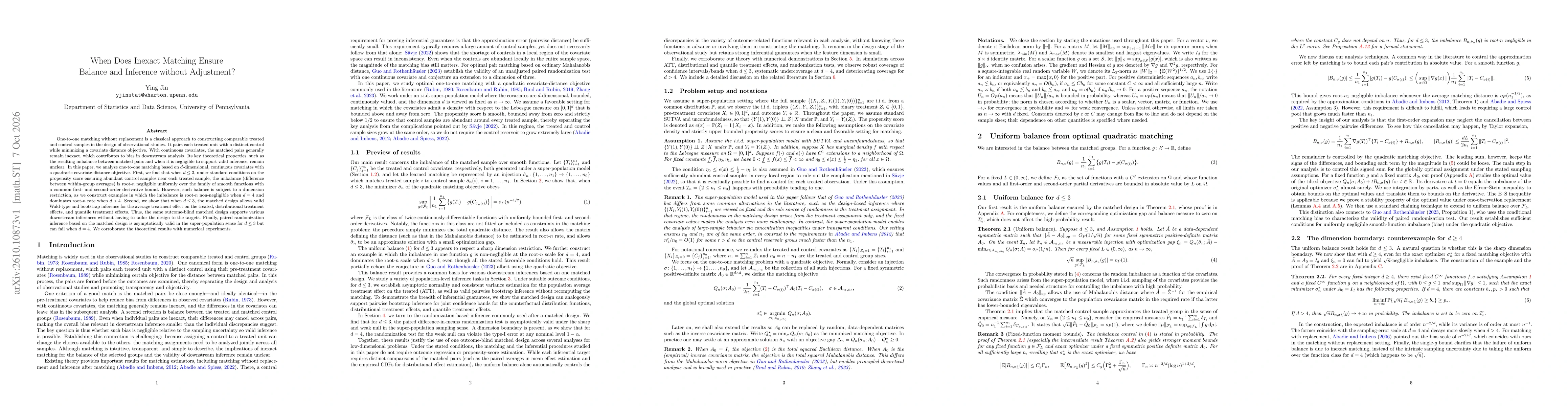 Thumbnail for When Does Inexact Matching Ensure Balance and Inference without Adjustment?