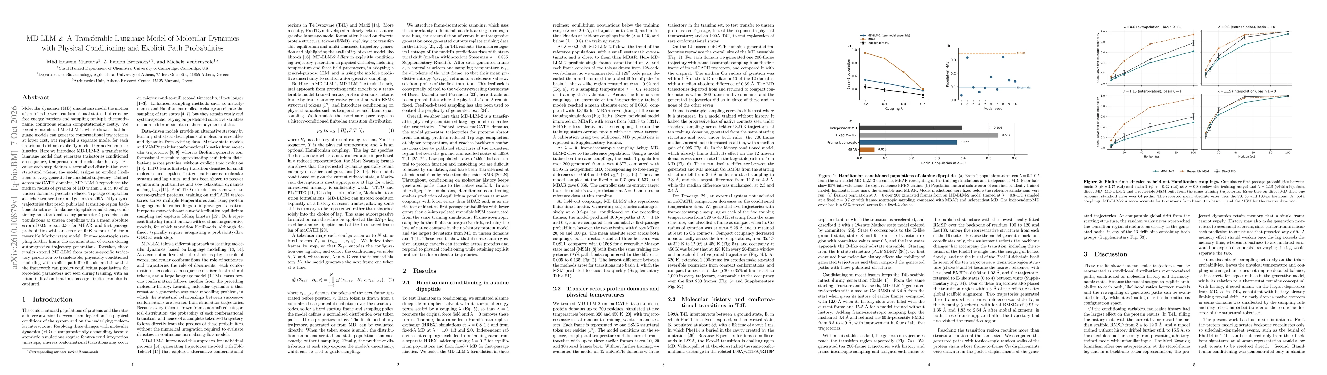 Thumbnail for MD-LLM-2: A Transferable Language Model of Molecular Dynamics with Physical Conditioning and Explicit Path Probabilities