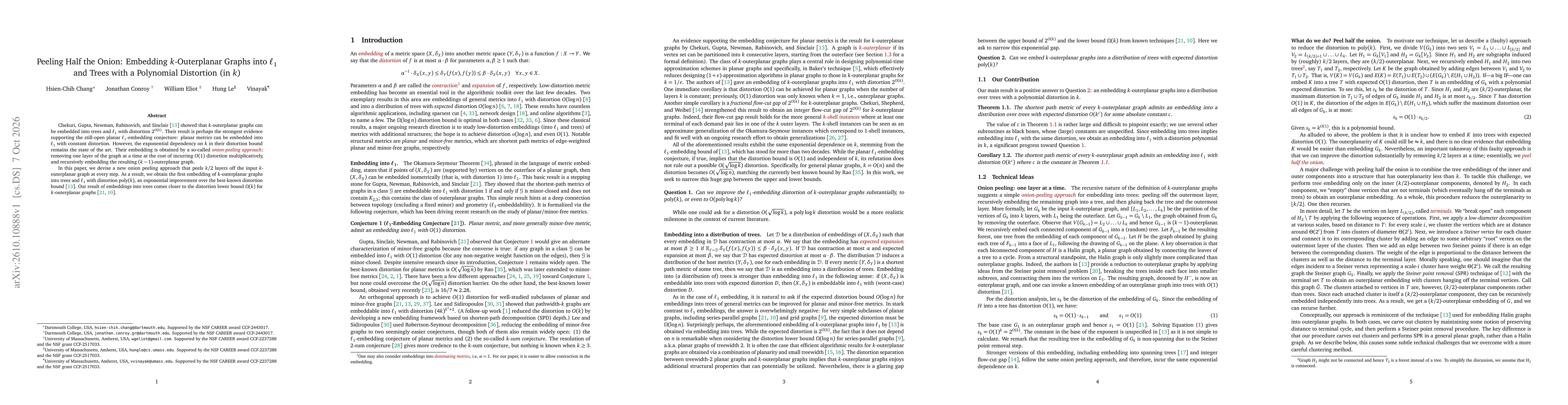 Thumbnail for Peeling Half the Onion: Embedding $k$-Outerplanar Graphs into $\ell_1$ and Trees with a Polynomial Distortion (in $k$)