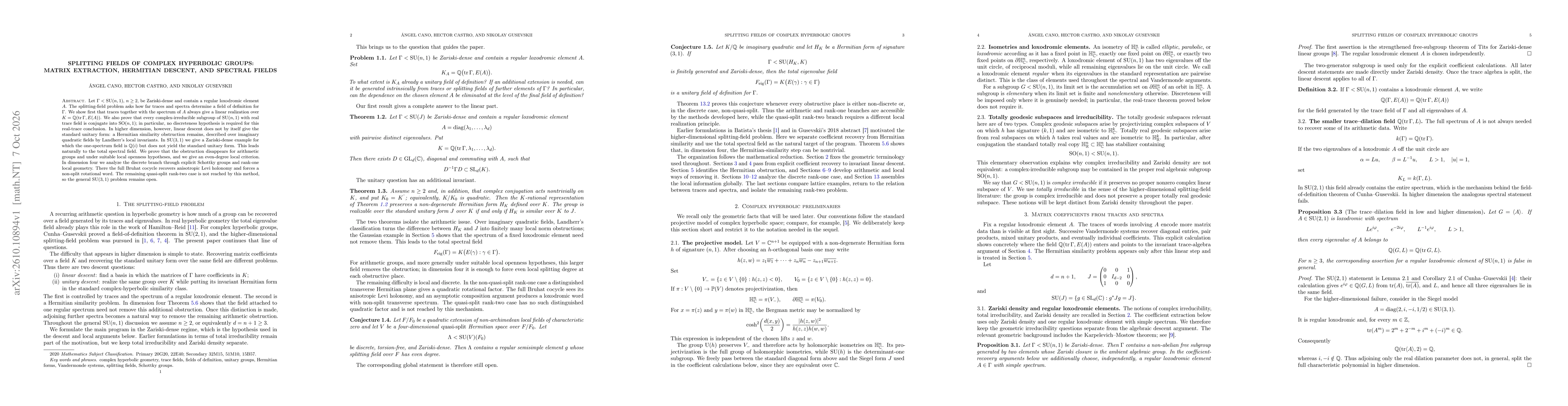 Thumbnail for Splitting fields of complex hyperbolic groups: matrix extraction, Hermitian descent, and spectral fields