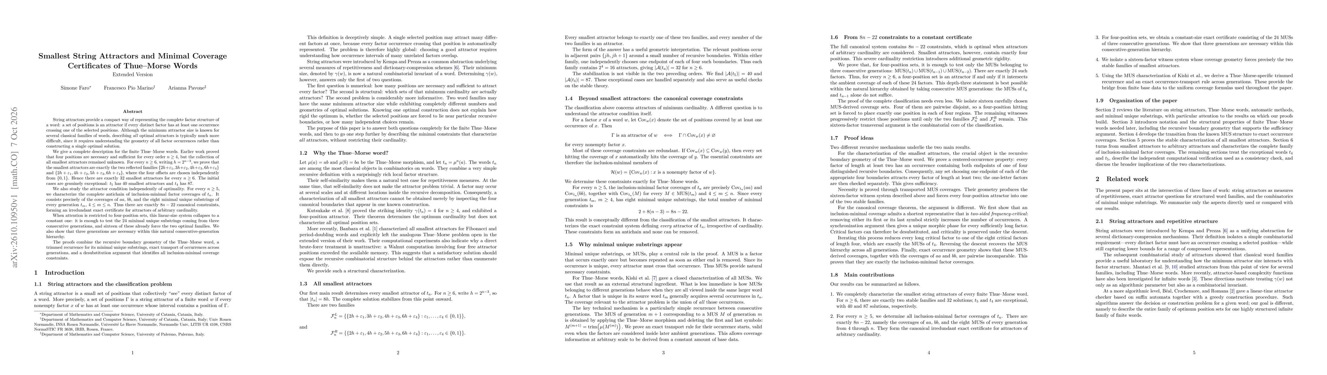 Thumbnail for Smallest String Attractors and Minimal Coverage Certificates of Thue--Morse Words