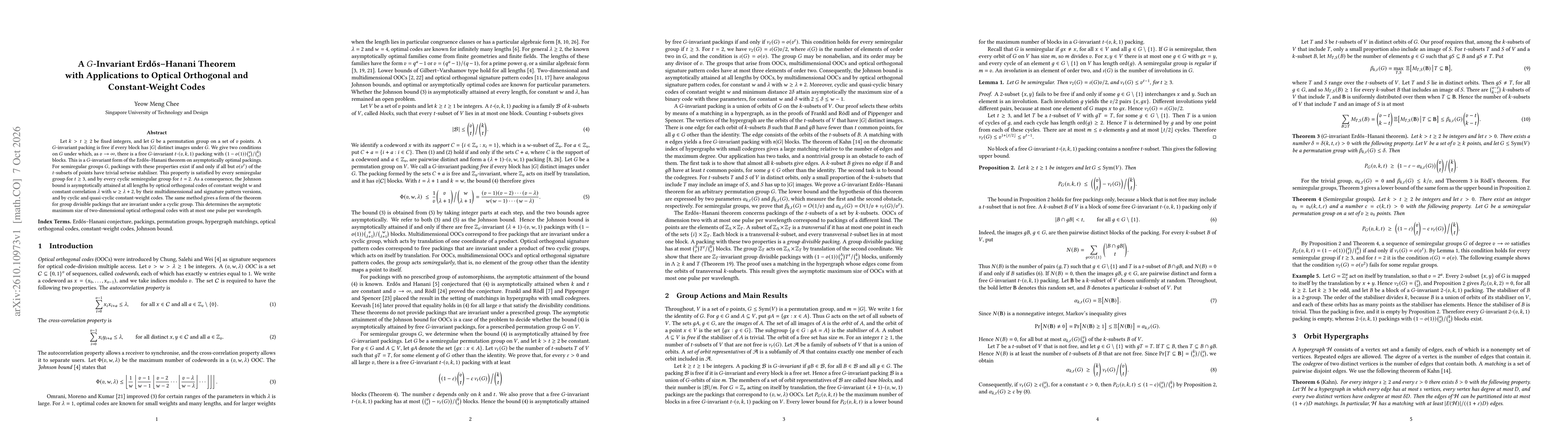 Thumbnail for A $G$-Invariant Erdős--Hanani Theorem with Applications to Optical Orthogonal and Constant-Weight Codes