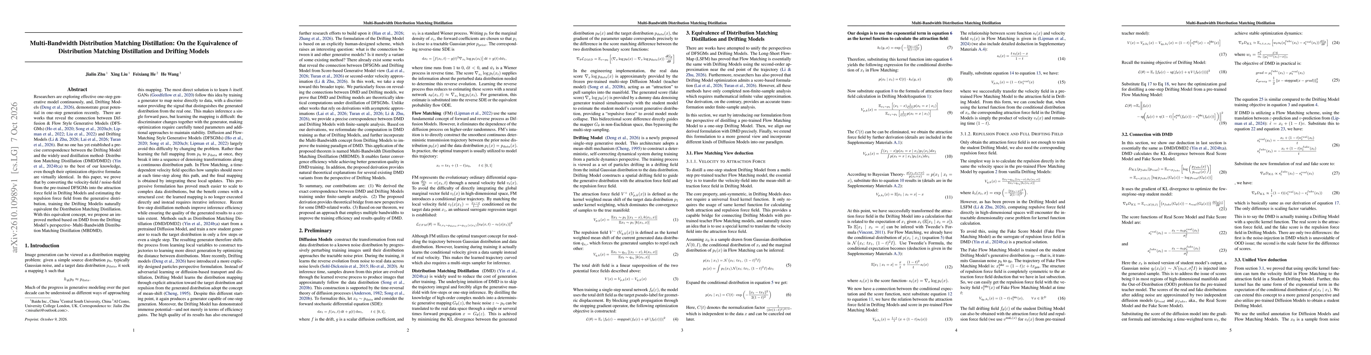 Thumbnail for Multi-Bandwidth Distribution Matching Distillation: On the Equivalence of Distribution Matching Distillation and Drifting Models