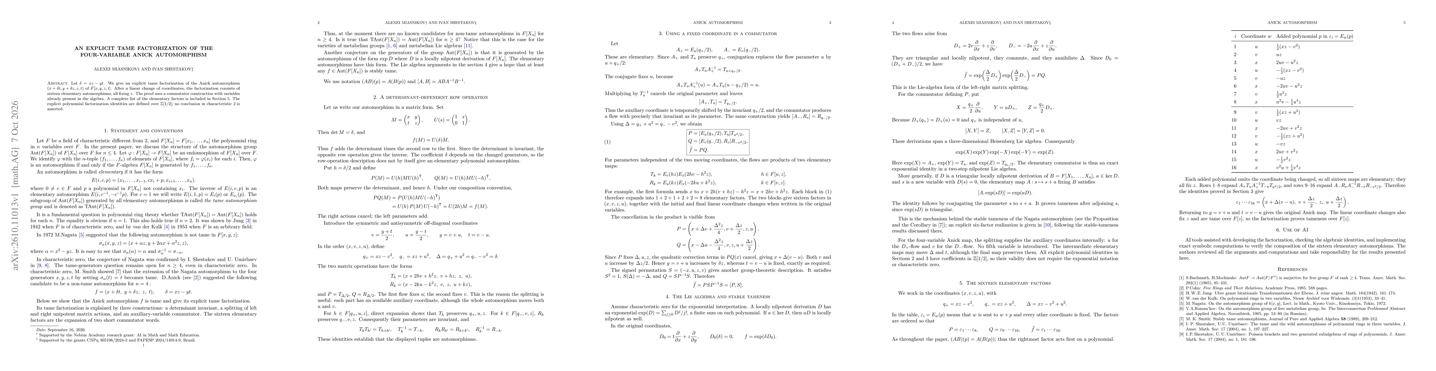 Thumbnail for An explicit tame factorization of the four-variable Anick automorphism
