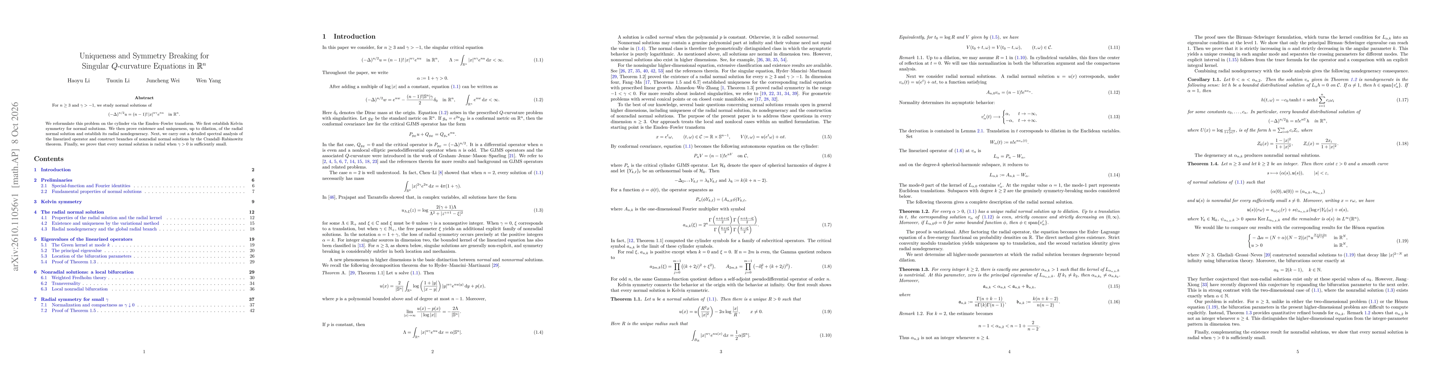 Thumbnail for Uniqueness and Symmetry Breaking for Singular $Q$-curvature Equations in $\R^n$
