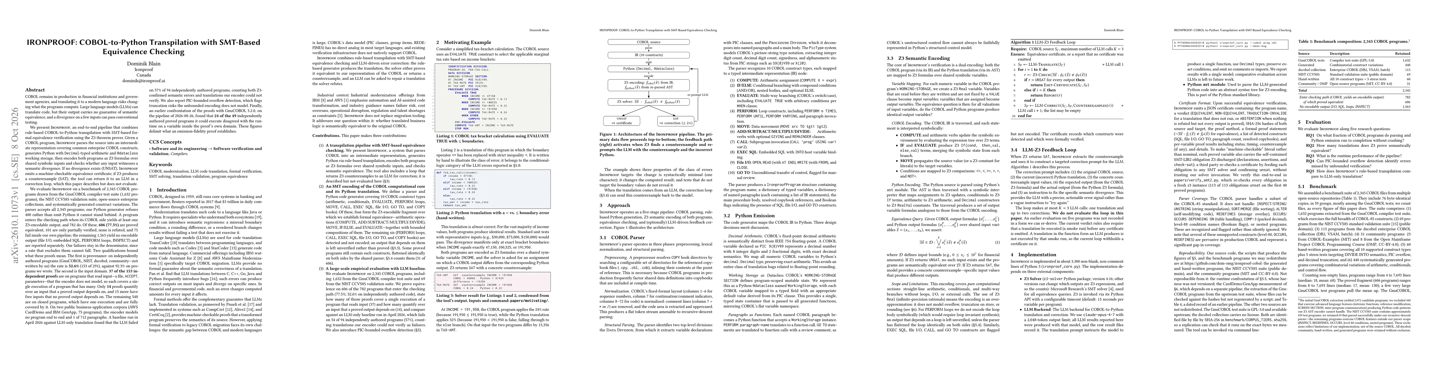 Thumbnail for IRONPROOF: COBOL-to-Python Transpilation with SMT-Based Equivalence Checking