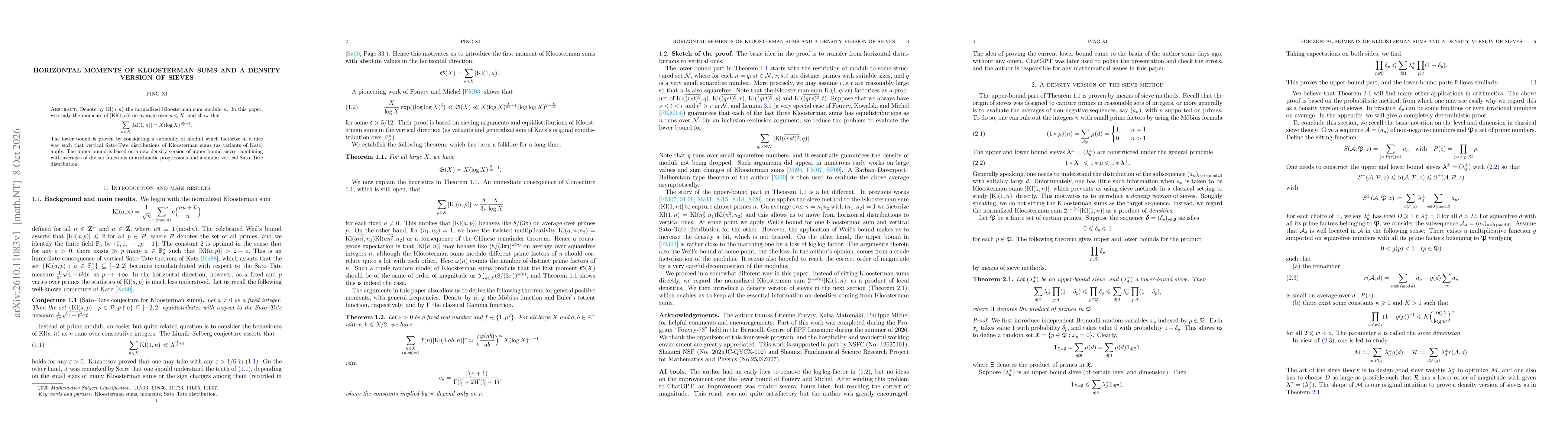 Thumbnail for Horizontal moments of Kloosterman sums and a density version of sieves