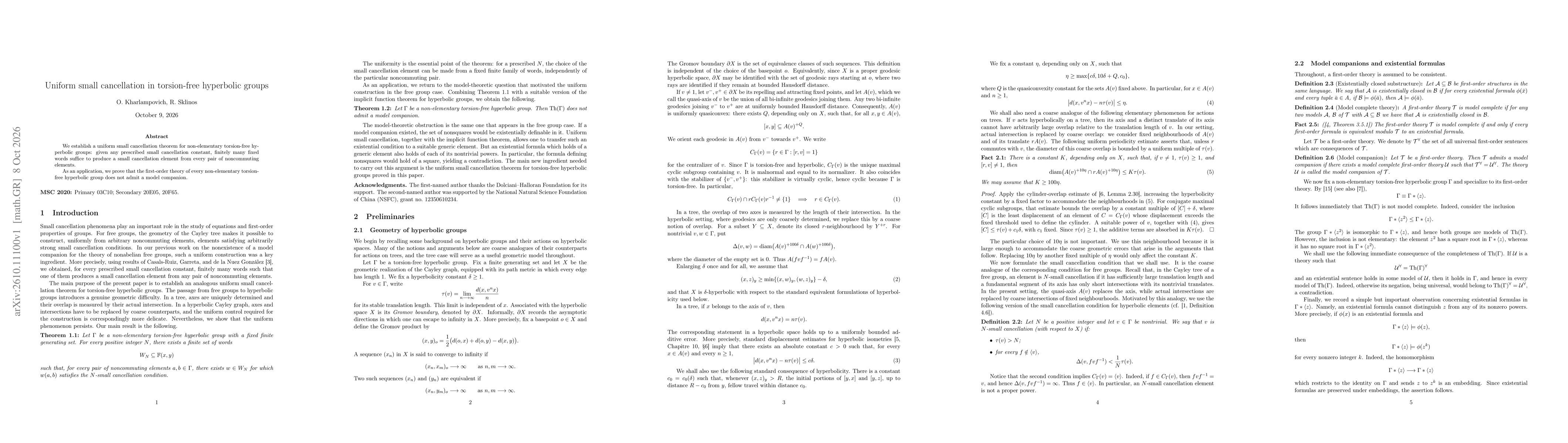 Thumbnail for Uniform small cancellation in torsion-free hyperbolic groups