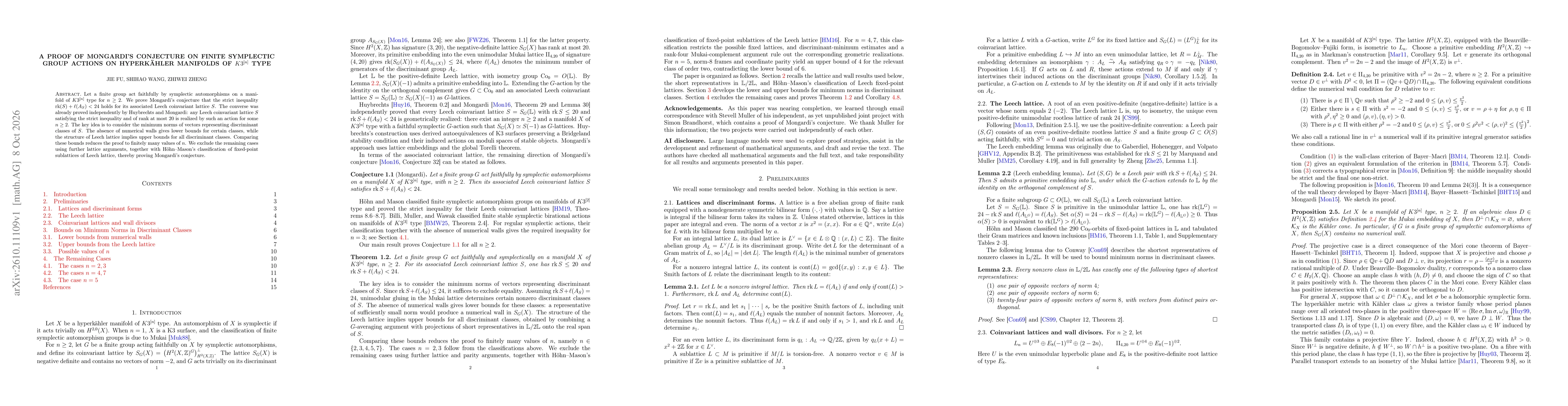 Thumbnail for A Proof of Mongardi's Conjecture on Finite Symplectic Group Actions on Hyperkähler Manifolds of $K3^{[n]}$ Type