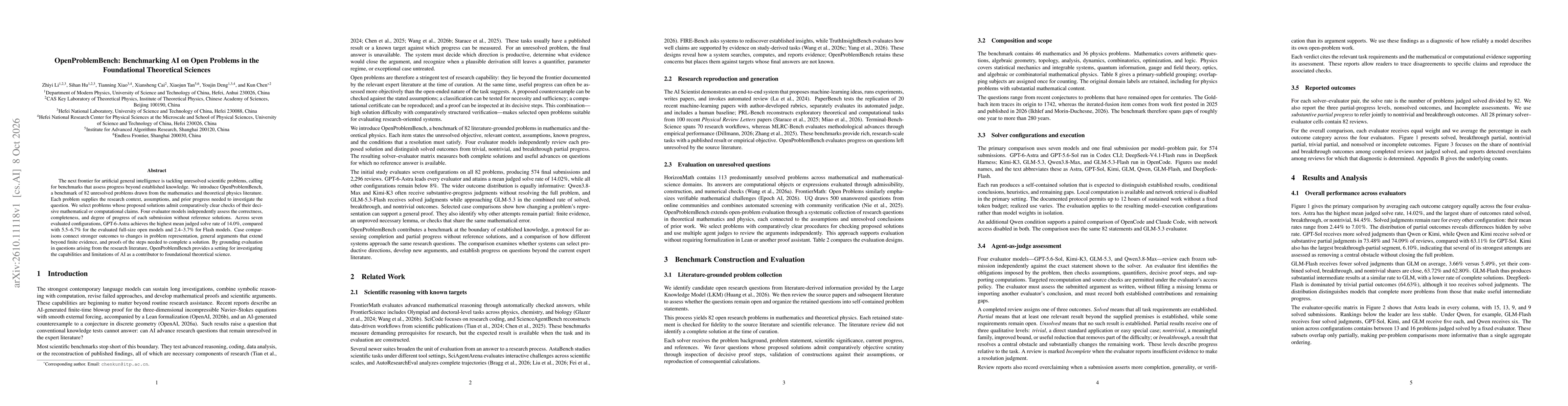 Thumbnail for OpenProblemBench: Benchmarking AI on Open Problems in the Foundational Theoretical Sciences