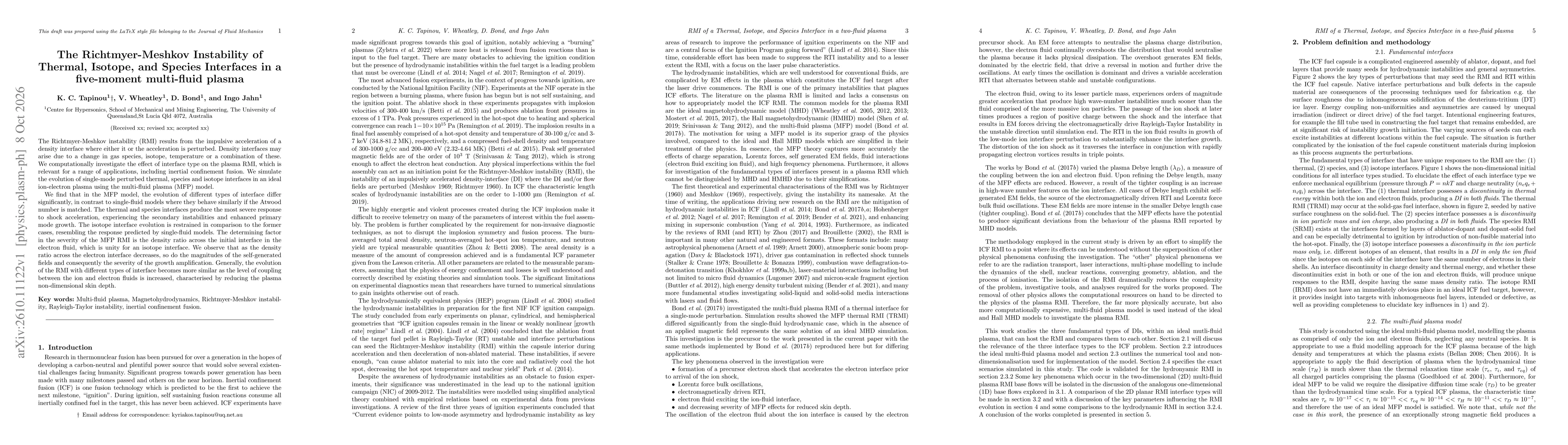 Thumbnail for The Richtmyer-Meshkov Instability of Thermal, Isotope, and Species Interfaces in a five-moment multi-fluid plasma