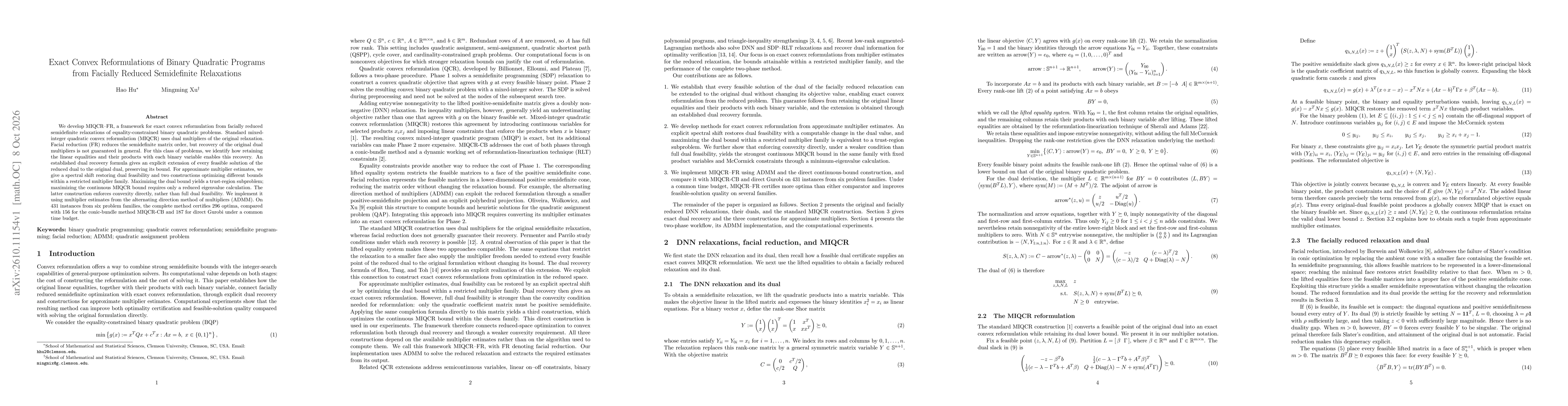 Thumbnail for Exact Convex Reformulations of Binary Quadratic Programs from Facially Reduced Semidefinite Relaxations