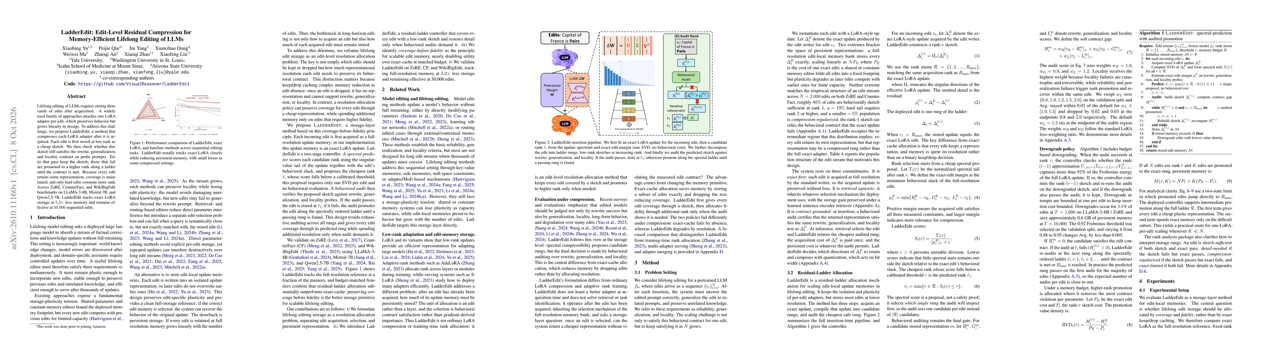 Thumbnail for LadderEdit: Edit-Level Residual Compression for Memory-Efficient Lifelong Editing of LLMs