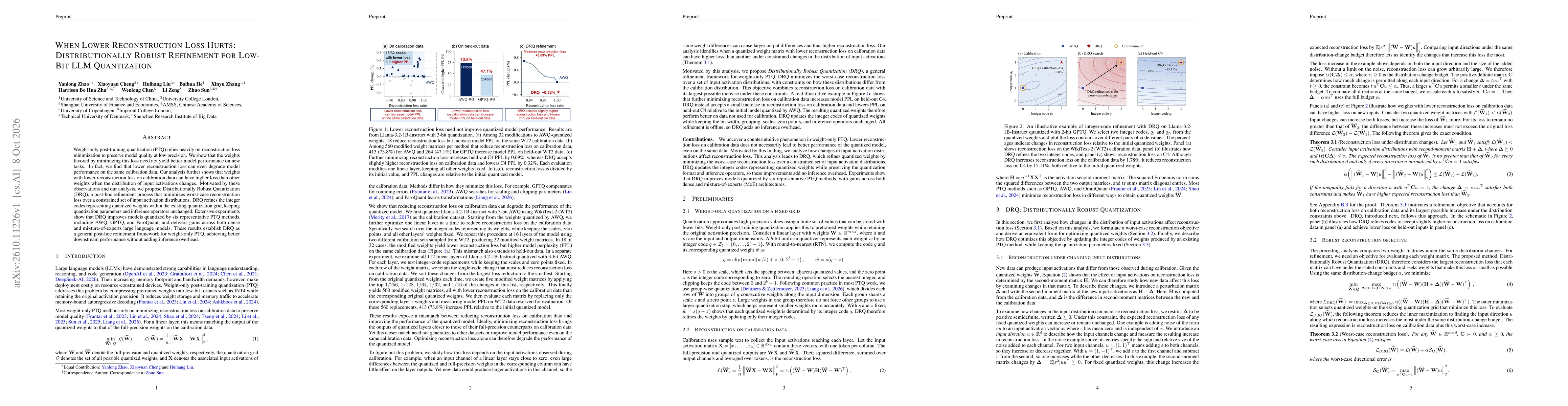 Thumbnail for When Lower Reconstruction Loss Hurts: Distributionally Robust Refinement for Low-Bit LLM Quantization