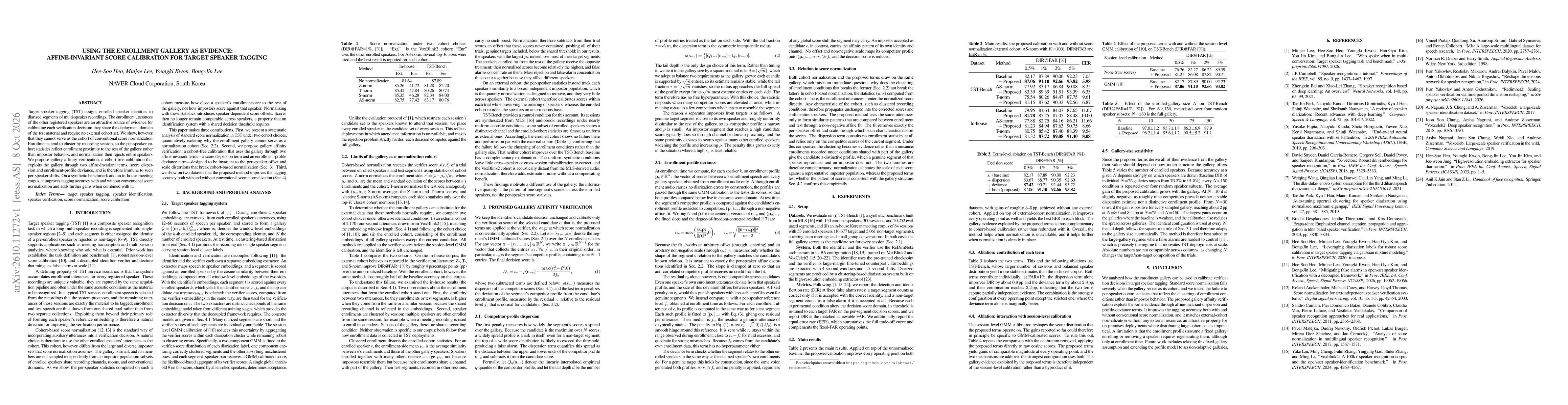 Thumbnail for Using the enrollment gallery as evidence: affine-invariant score calibration for target speaker tagging