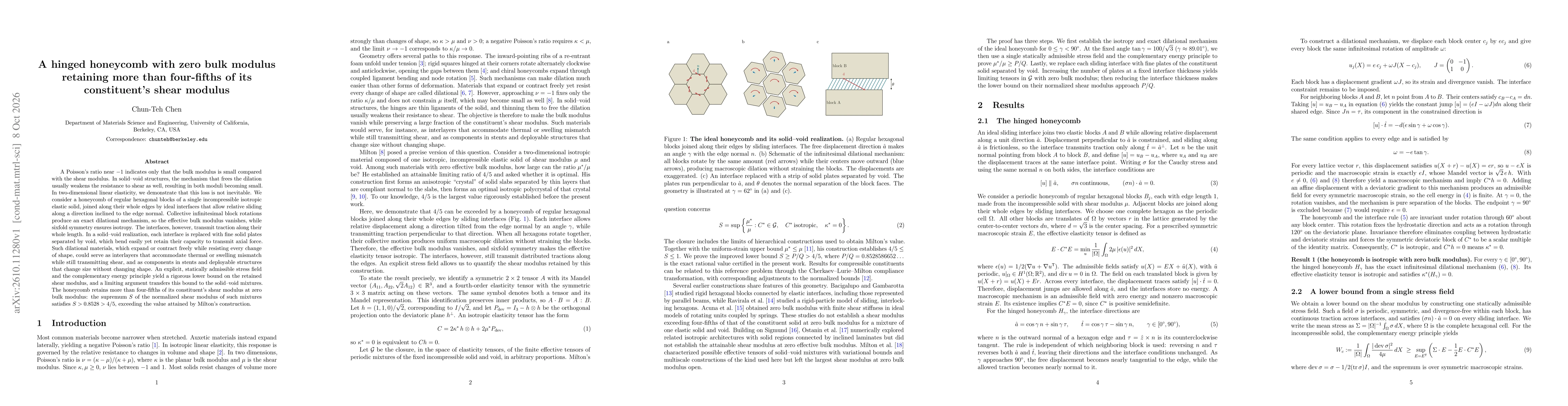 Thumbnail for A hinged honeycomb with zero bulk modulus retaining more than four-fifths of its constituent's shear modulus