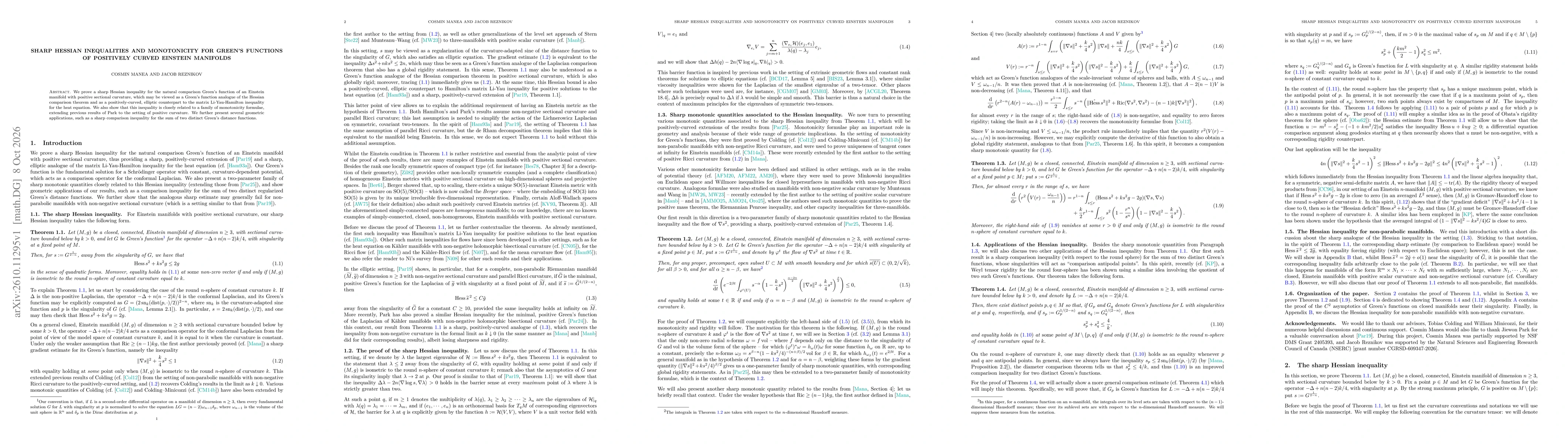 Thumbnail for Sharp Hessian inequalities and monotonicity for Green's functions of positively curved Einstein manifolds