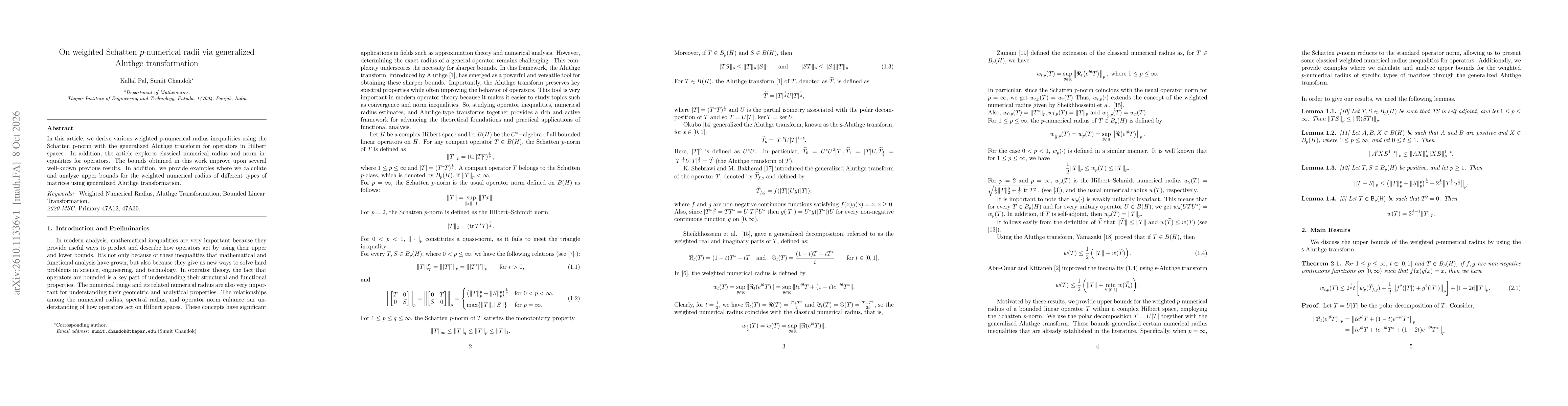 Thumbnail for On weighted Schatten p-numerical radii via generalized Aluthge transformation