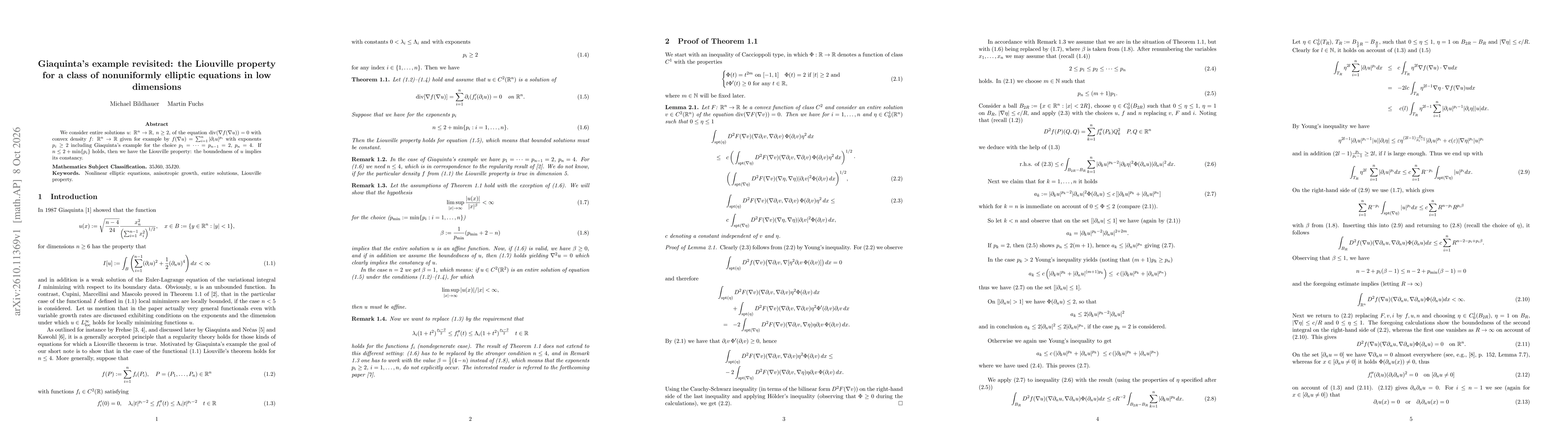 Thumbnail for Giaquinta's example revisited: the Liouville property for a class of nonuniformly elliptic equations in low dimensions