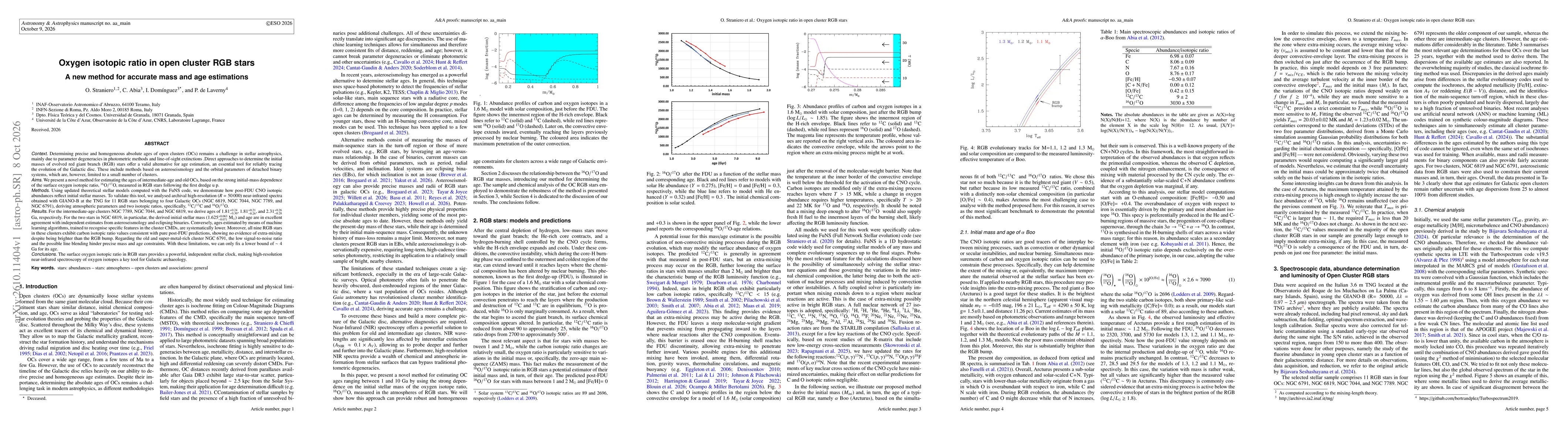 Thumbnail for Oxygen isotopic ratio in open cluster RGB stars: A new method for accurate mass and age estimations