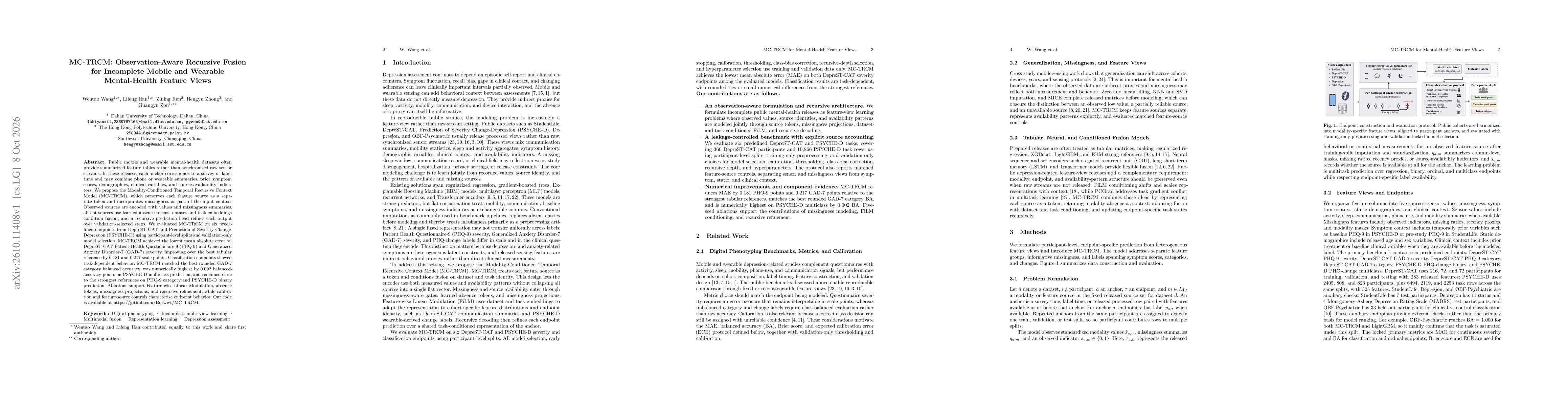 Thumbnail for MC-TRCM: Observation-Aware Recursive Fusion for Incomplete Mobile and Wearable Mental-Health Feature Views