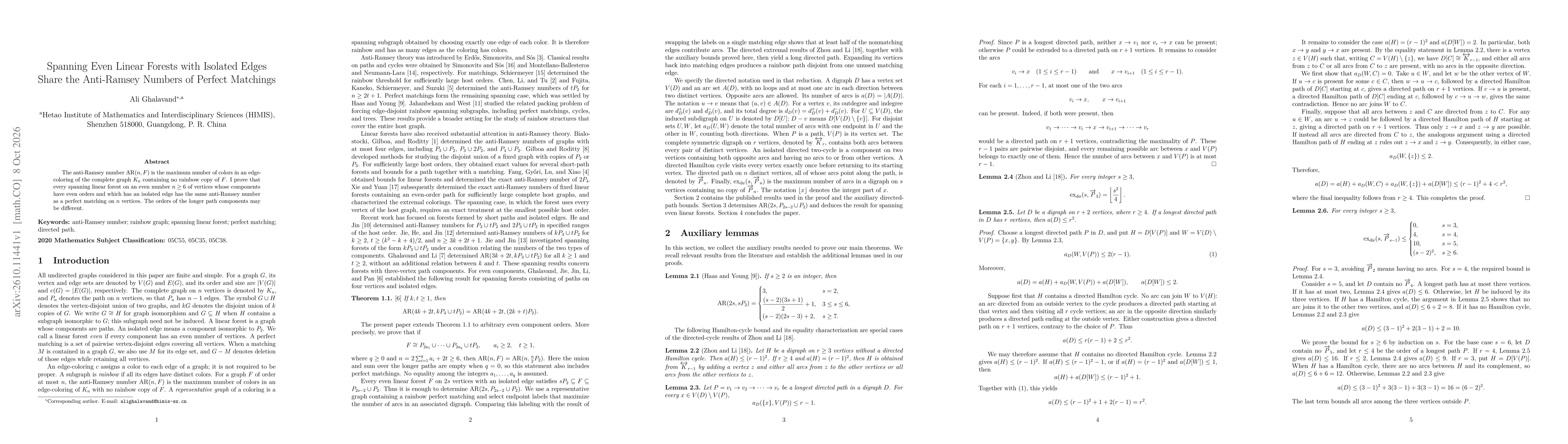 Thumbnail for Spanning Even Linear Forests with Isolated Edges Share the Anti-Ramsey Numbers of Perfect Matchings