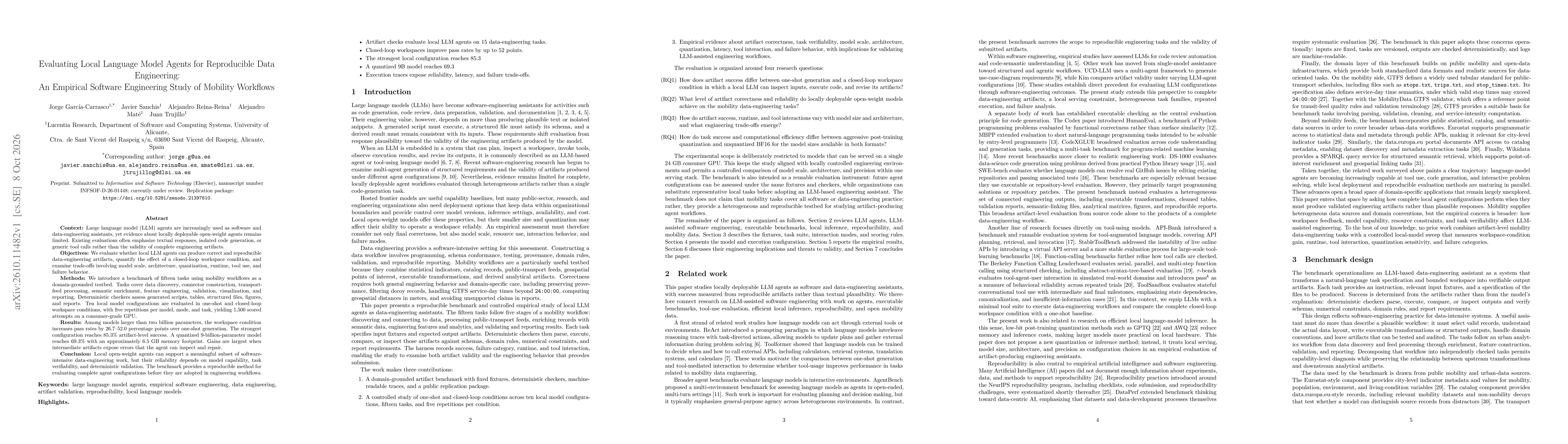 Thumbnail for Evaluating Local Language Model Agents for Reproducible Data Engineering: An Empirical Software Engineering Study of Mobility Workflows