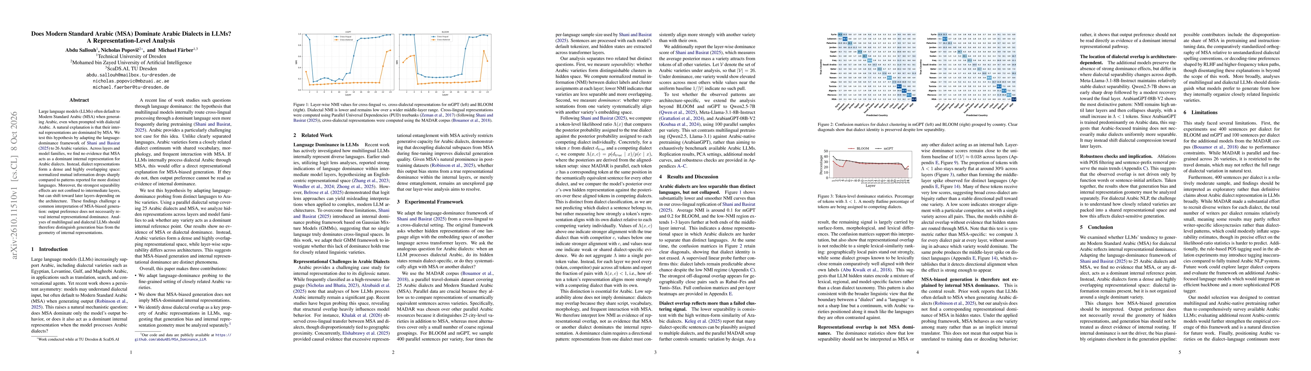 Thumbnail for Does Modern Standard Arabic (MSA) Dominate Arabic Dialects in LLMs? A Representation-Level Analysis