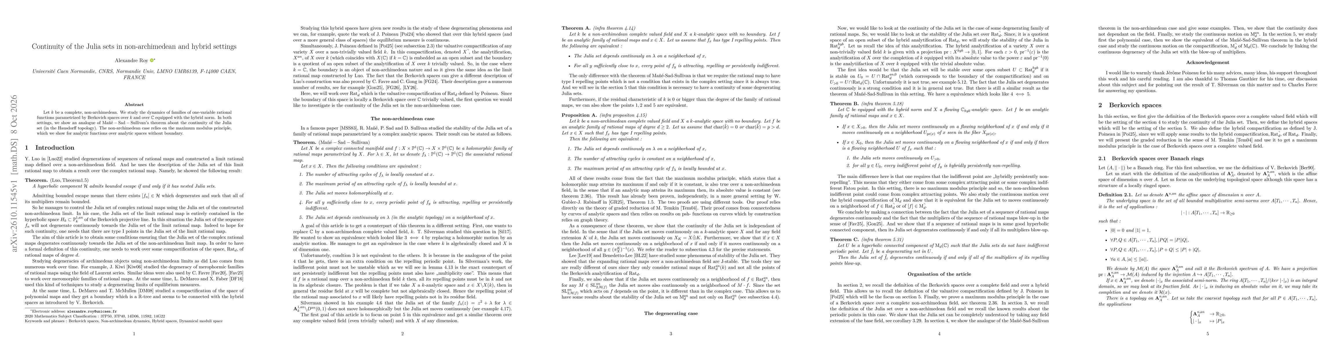 Thumbnail for Continuity of the Julia sets in non-archimedean and hybrid settings