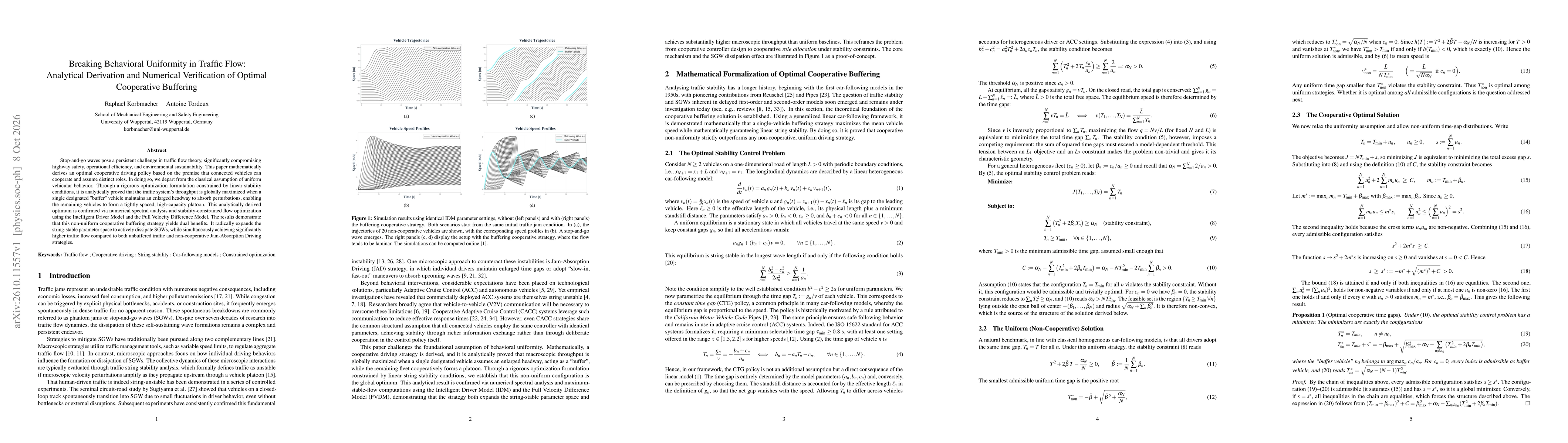 Thumbnail for Breaking Behavioral Uniformity in Traffic Flow: Analytical Derivation and Numerical Verification of Optimal Cooperative Buffering