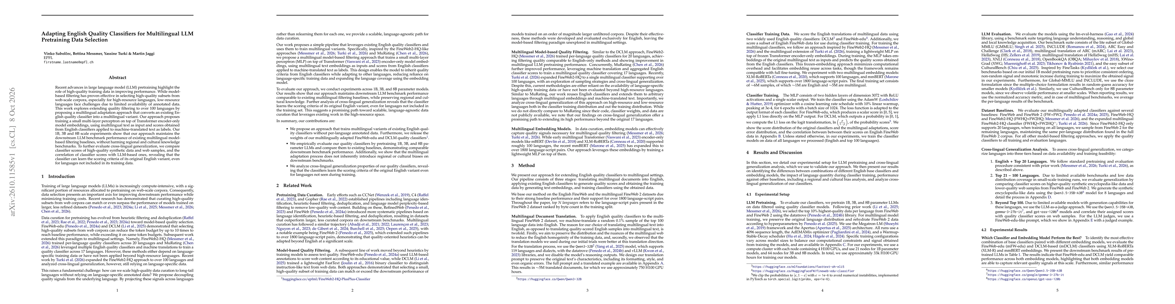 Thumbnail for Adapting English Quality Classifiers for Multilingual LLM Pretraining Data Selection