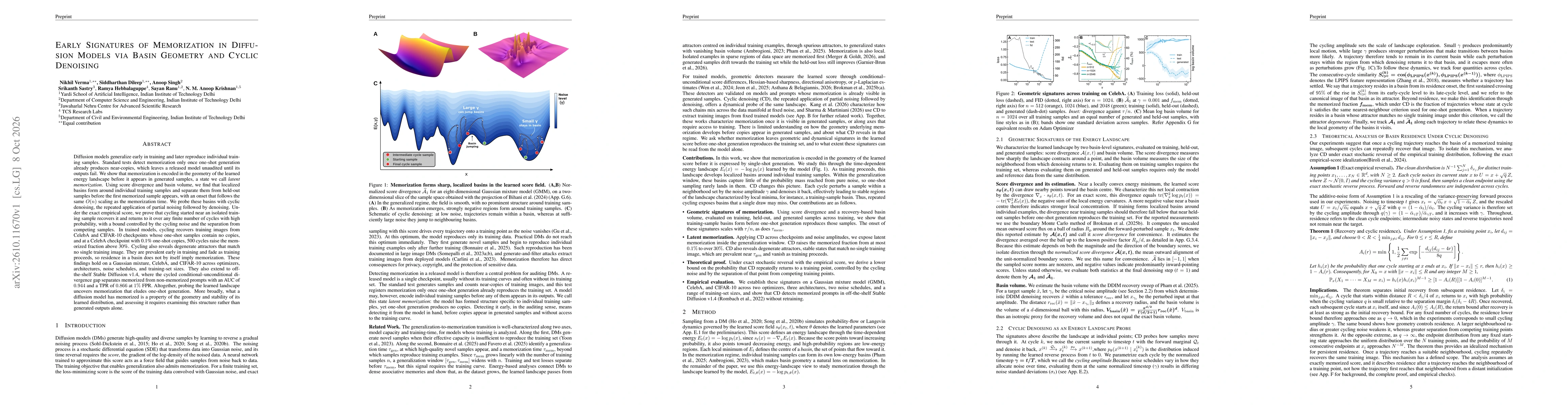 Thumbnail for Early Signatures of Memorization in Diffusion Models via Basin Geometry and Cyclic Denoising