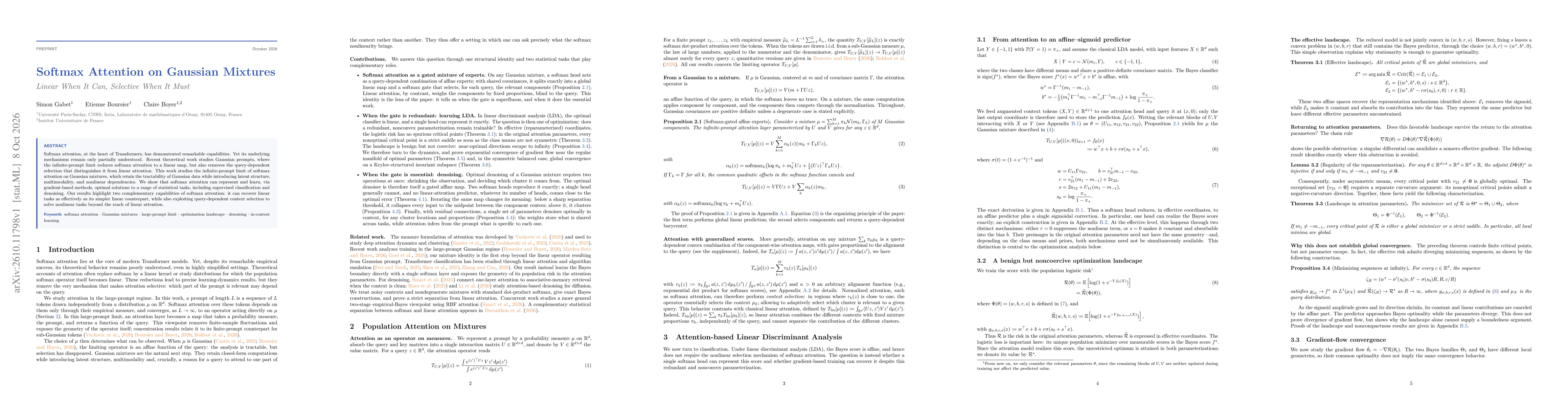 Thumbnail for Softmax Attention on Gaussian Mixtures: Linear When It Can, Selective When It Must